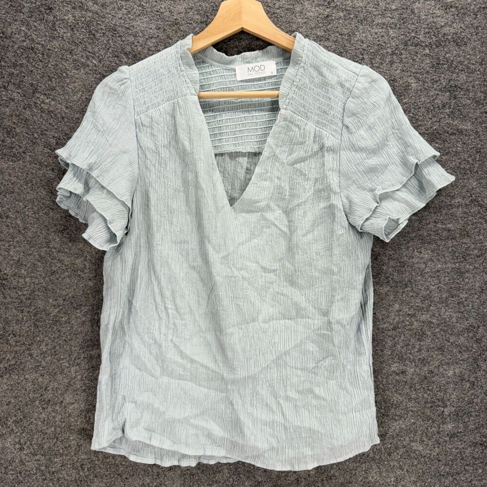 Mod On Trend Blouse Women S Small Gray V-Neck Short Sleeve Lined Pullover Casual
